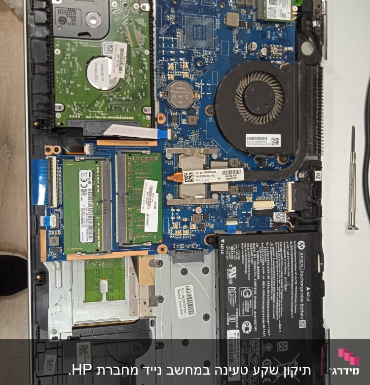 חלקים פנימיים של מחשב נייד, כולל לוח אם, מאוורר, סוללה וכונן קשיח.